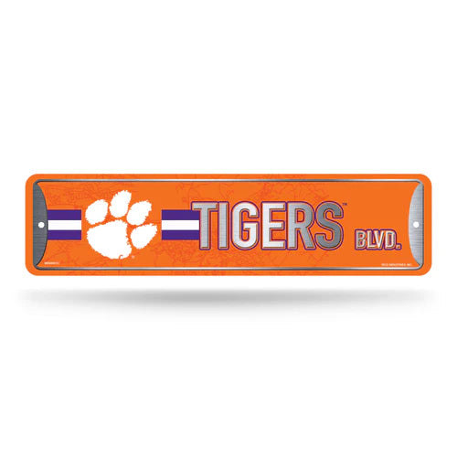 Clemson Tigers NCAA metal street sign 4"x15" with team colors and graphics, officially licensed.