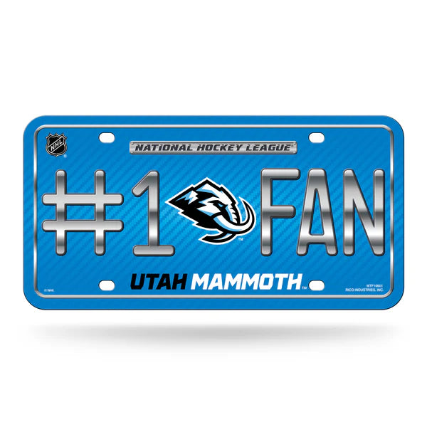 Utah Mammoth #1 Fan metal license plate with bold team colors and graphics. Official NHL auto accessory.