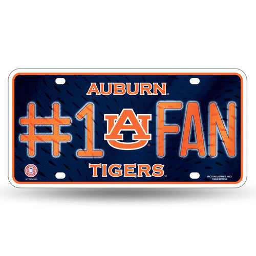 Auburn Tigers #1 Fan NCAA metal license plate, 6" x 12", durable weather-resistant metal with team colors and logo.