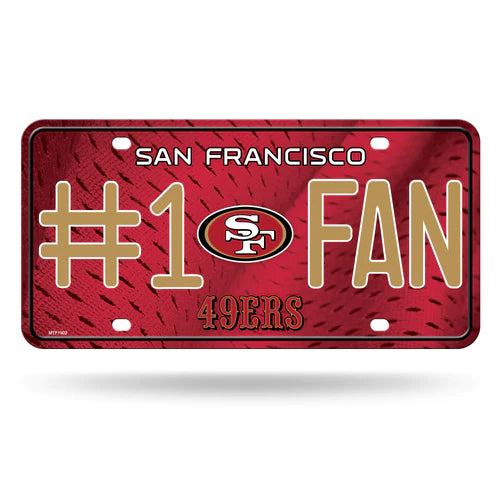 San Francisco 49ers #1 Fan Metal License Plate featuring bold team colors and graphics, officially licensed by the NFL.