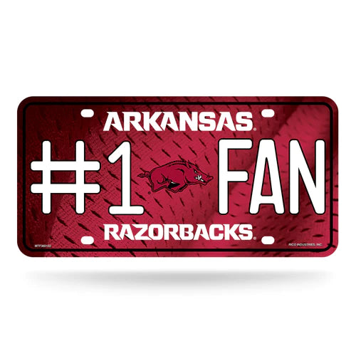 Arkansas Razorbacks NCAA metal license plate by Rico featuring official team colors and bold graphics.