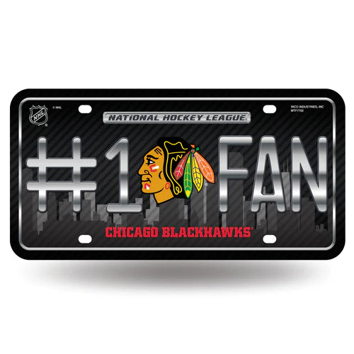 Chicago Blackhawks #1 Fan Metal Auto License Plate: Support your team with this officially licensed NHL plate by Rico, featuring team colors and graphics