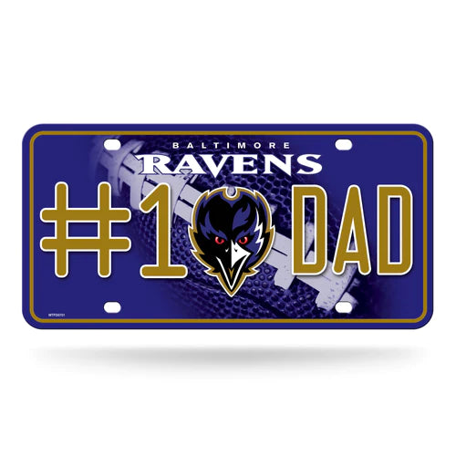 Baltimore Ravens #1 Dad Metal License Plate by Rico. Measures 6"x12", features team colors and graphics. Officially licensed NFL product.