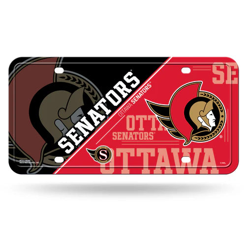 Ottawa Senators split design metal license plate with team colors, aluminum construction, and four predrilled holes