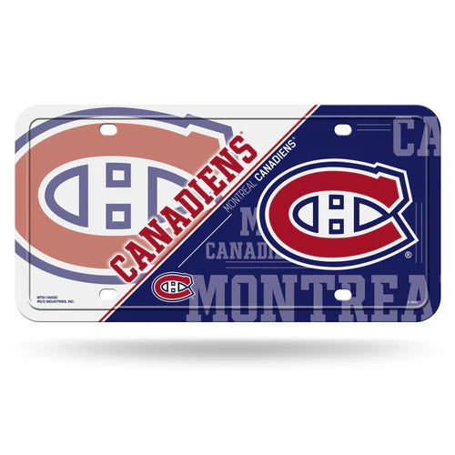 Montreal Canadiens split design metal license plate with team colors, durable aluminum, and predrilled holes