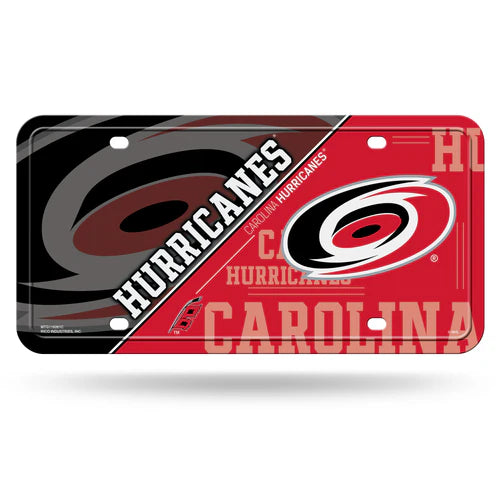 Decorative license plate featuring the carolina hurricanes logo, team name, predominantly in red and black colors.