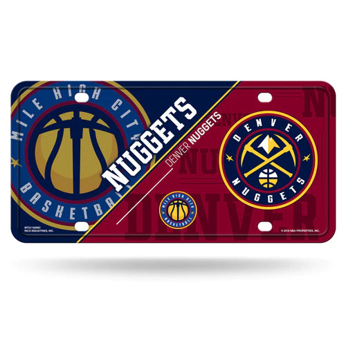 Decorative license plate featuring denver nuggets basketball team branding with team colors, logo, on a red and blue background.