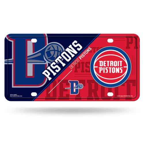 A decorative license plate featuring the detroit pistons nba team logo with a red and blue color scheme and basketball graphics.