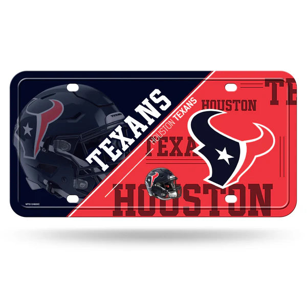 Houston Texans metal license plate with bold split design and team colors, perfect for vehicle or wall display.