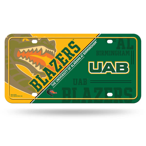 UAB Blazers NCAA split design metal auto license plate, 6x12 inches, official team colors, fan vehicle accessory