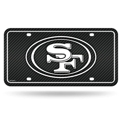 San Francisco 49ers Carbon Fiber Metal Auto License Plate 6x12, NFL licensed, weather resistant, aluminum.