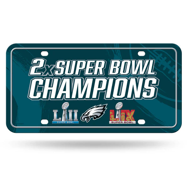 Philadelphia Eagles 2-Time Super Bowl Champions metal license plate with bold team colors and championship graphics.