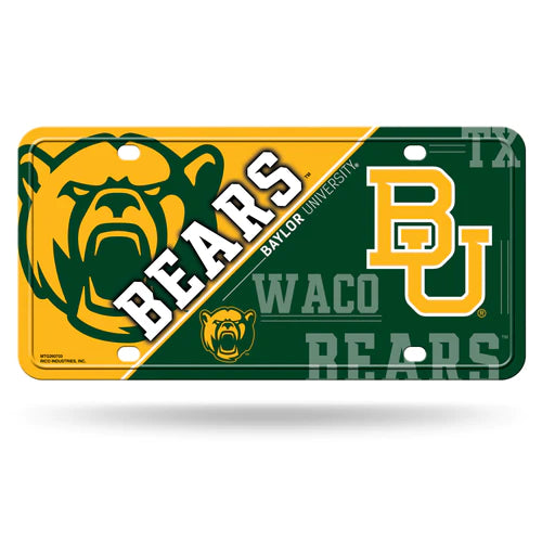 Baylor Bears split design metal license plate by Rico with official NCAA colors and team graphics.