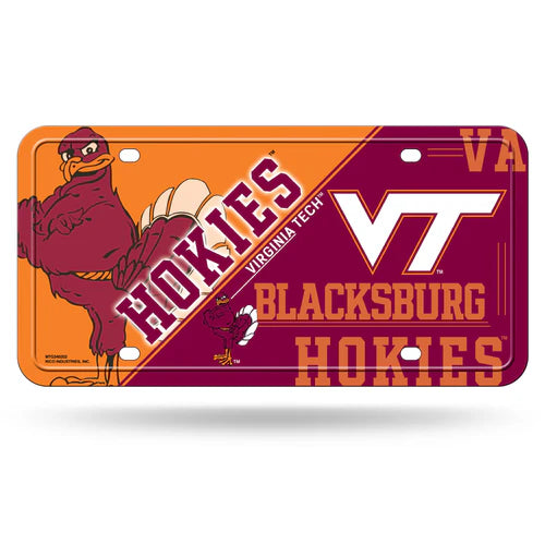 Virginia Tech Hokies metal license plate featuring team colors and graphics, officially licensed by the NCAA.