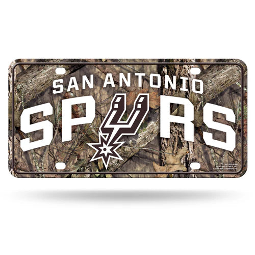 San Antonio Spurs Mossy Oak Camo 6x12 metal license plate with team graphics, camo colors, and NBA official license