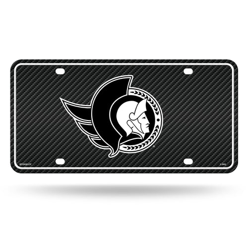 Ottawa Senators carbon fiber design metal license plate with team graphics, aluminum construction, and predrilled holes