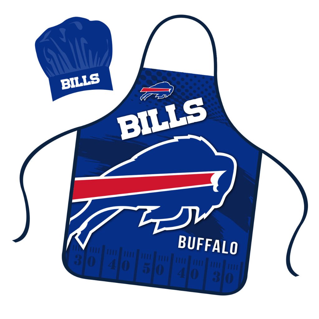 Buffalo Bills NFL Apron and Chef Hat Set with adjustable sizing, team colors, and graphics. Ideal for Bills fans.