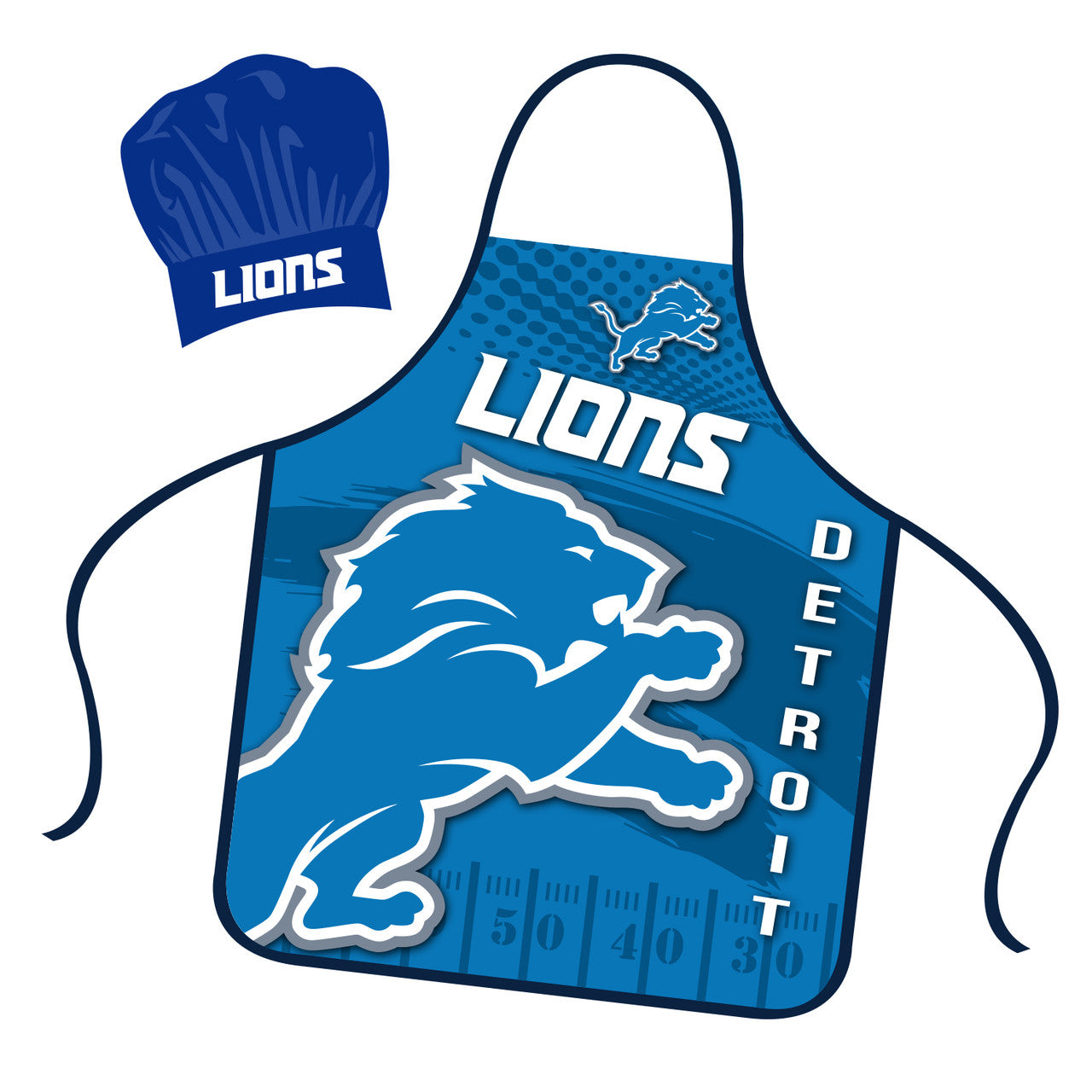 Detroit Lions apron and adjustable chef hat set with vibrant team graphics and drawstring tieback apron by Mojo