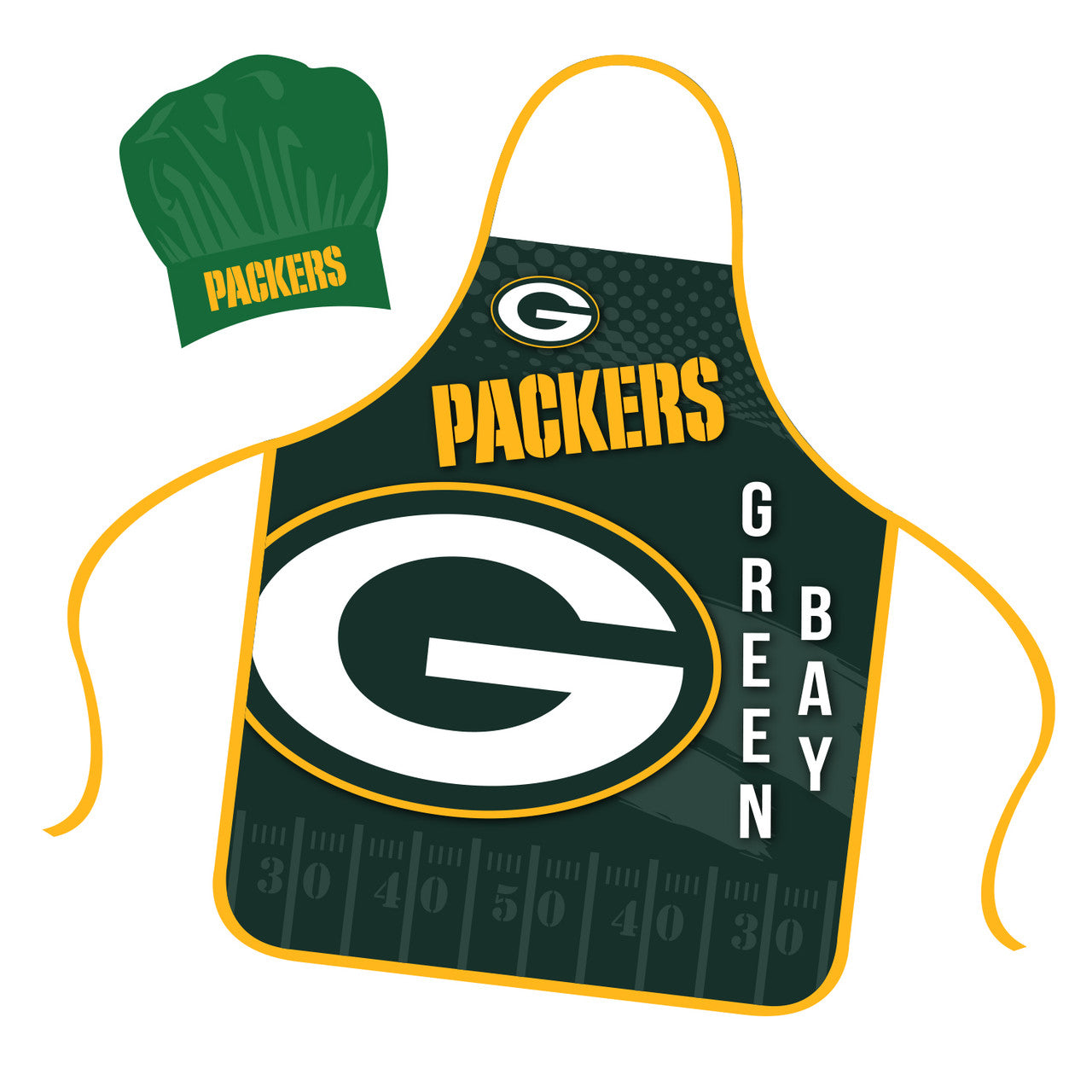Green Bay Packers apron and adjustable chef hat set with team colors, graphics, and drawstring tieback by Mojo Licensing