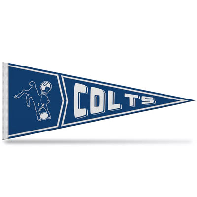 Indianapolis Colts NFL retro pennant measuring 12" x 30", made of soft felt with vintage team graphics and colors by Rico.