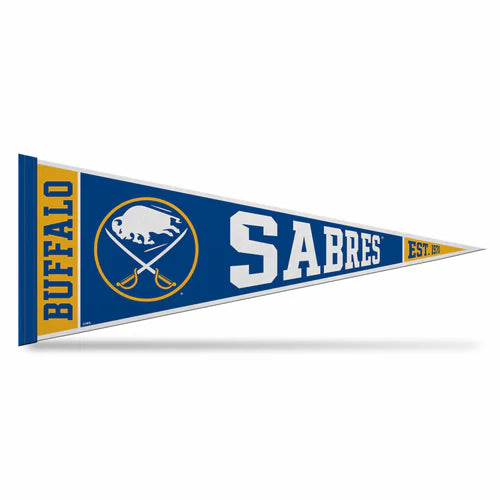 Buffalo Sabres NHL Soft Felt Pennant 12" x 30" by Rico with team graphics and vibrant blue and gold colors.