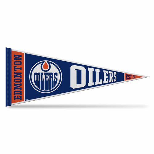 Edmonton Oilers 12" x 30" felt pennant featuring bold team graphics and colors, officially licensed by the NHL.