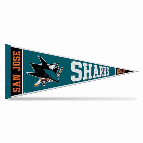 San Jose Sharks official 12x30 felt pennant by Rico, featuring vibrant team graphics and durable soft felt material.