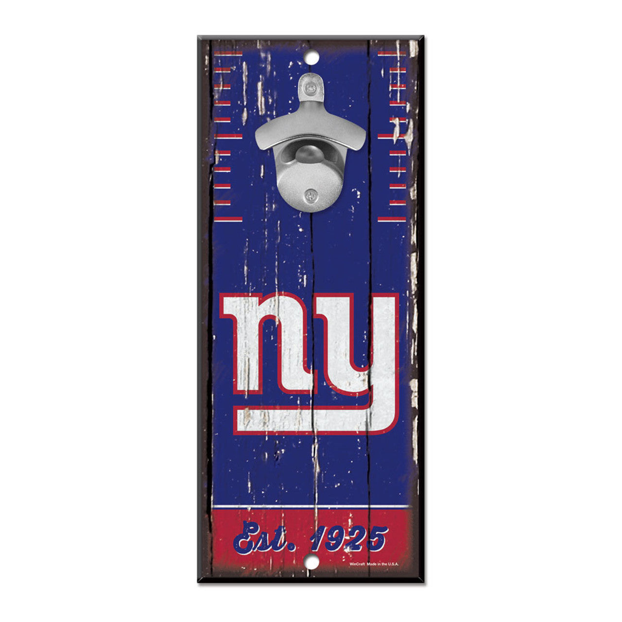 New York Giants 5x11 wood bottle opener sign with team graphics and metal opener by Wincraft