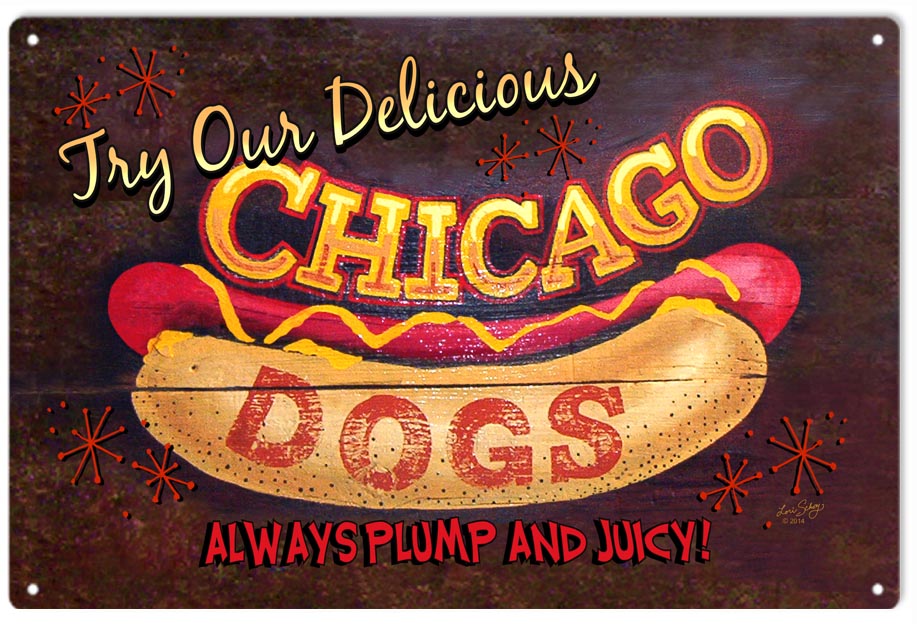 Chicago Hot Dog reproduction sign, 12x18 aluminum vintage-style wall décor for kitchen, diner, or restaurant.