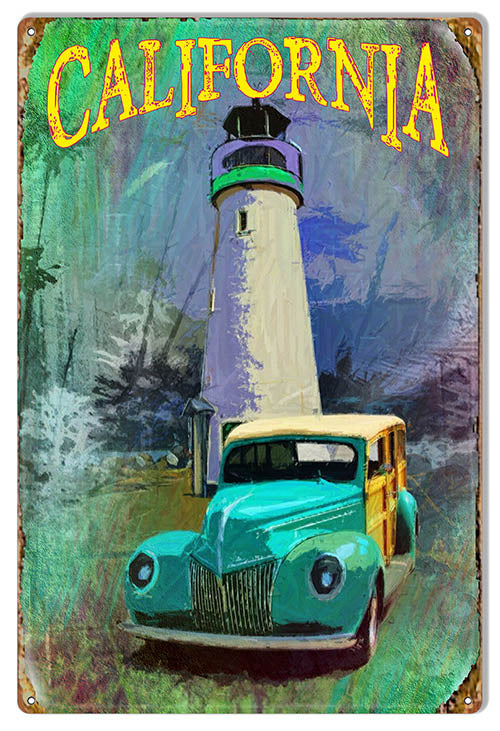 California Light House Old Woody metal sign, 12x18 aluminum, coastal décor, made in USA, artist Phil Hamilton.