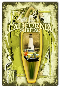 California Surfing Pin Up Girl 12x18 metal sign by Phil Hamilton, USA-made aluminum, predrilled holes.
