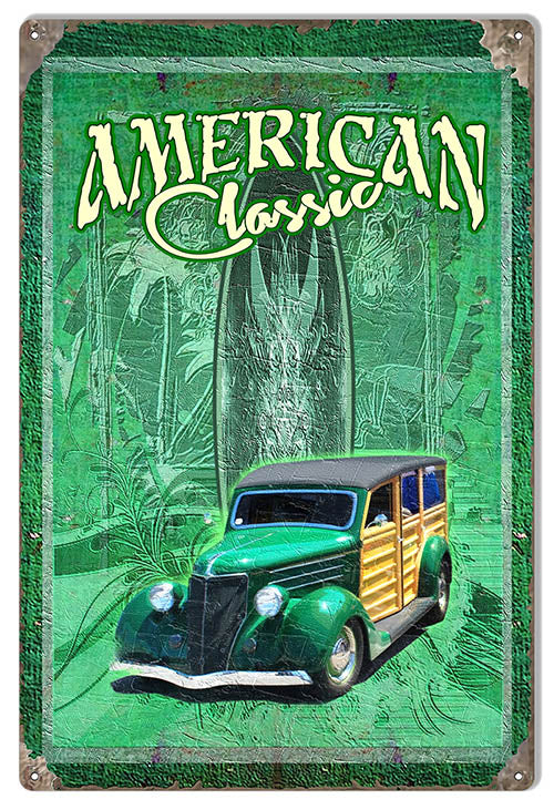 Green American Classic Woody metal sign, 12x18 inches, distressed design, perfect for garages and collectors.