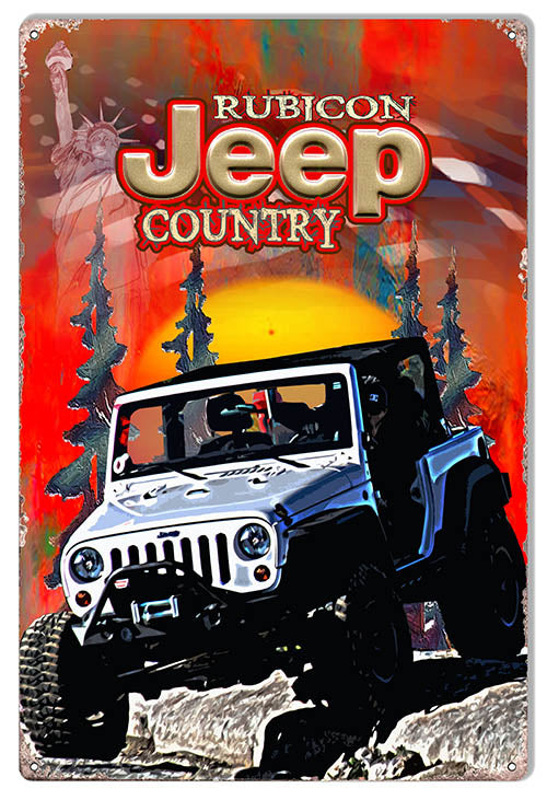 Jeep Rubicon Country 12x18 USA-made aluminum wall sign by Phil Hamilton with predrilled holes for easy hanging