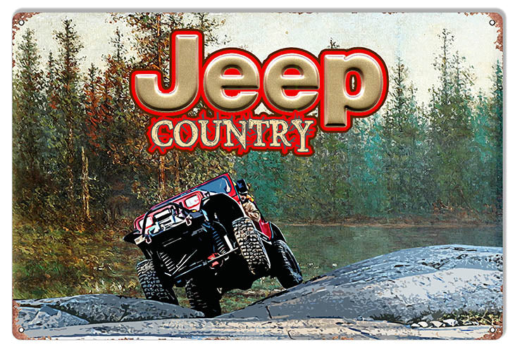 4 Wheeling Jeep Country Metal Sign, 12" x 18", USA-made aluminum with off-road Jeep artwork and predrilled holes.