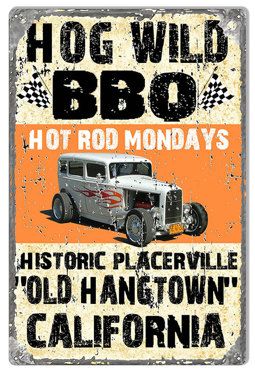 Hog Wild BBQ 12x18 metal sign by Phil Hamilton, USA-made 0.40 gauge aluminum, predrilled holes for hanging.