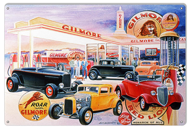 A reproduction metal sign featuring a vintage Gilmore gas station with hot rods displayed in front.