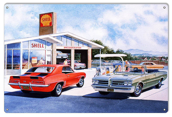 Shell Gasoline 12x18" aluminum sign featuring classic cars by Jack Schmitt. Made in USA with predrilled holes.