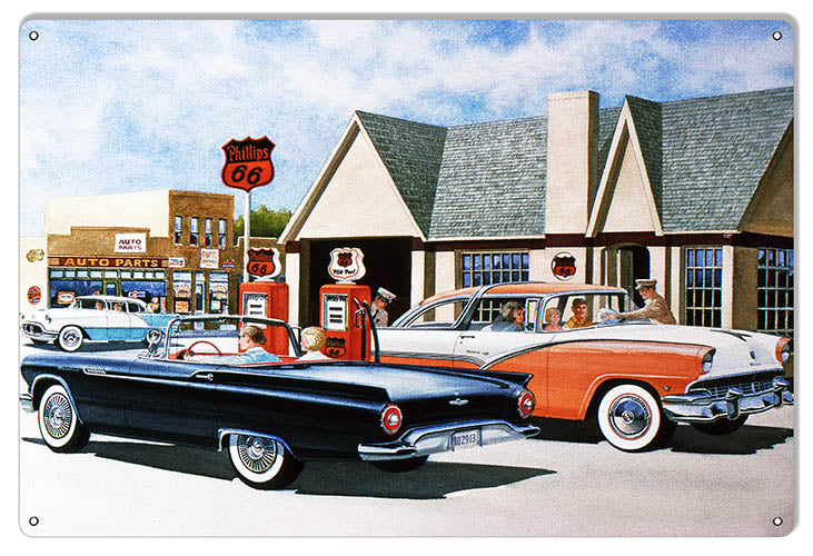 Phillips 66 12x18" vintage metal sign with classic cars by Jack Schmitt. Made in USA with predrilled hanging holes.