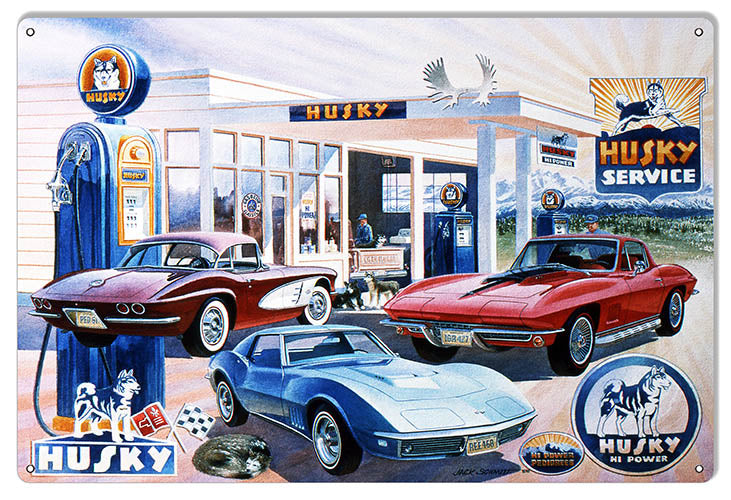Husky Gas Station metal sign with classic Corvettes, 12x18", aluminum, by Jack Schmitt. Made in USA, predrilled for hanging.