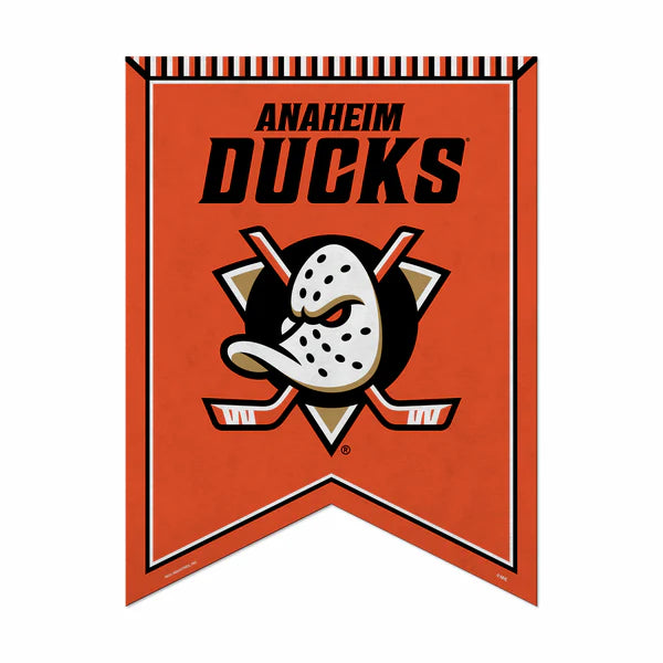 Anaheim Ducks 18x24 felt rafter pennant. Officially licensed NHL team banner in black, gold, and orange.