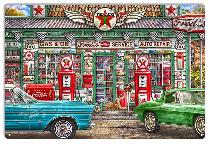 Freds Service Station 12x18" aluminum sign by Michael Fishel, made in the USA, vintage art with predrilled holes.