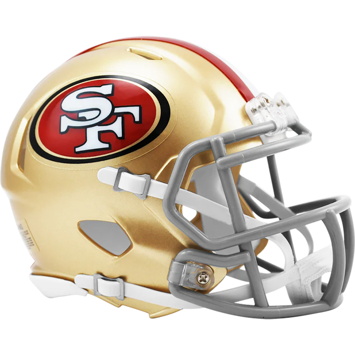 San Francisco 49ers Riddell NFL Speed Mini Helmet with chinstrap, metal faceguard, padding, and official decals.