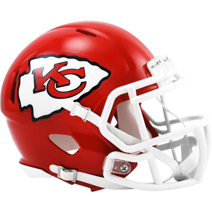 Kansas City Chiefs Riddell Speed Mini Helmet with chinstrap, padding, and metal faceguard for display or autographs.