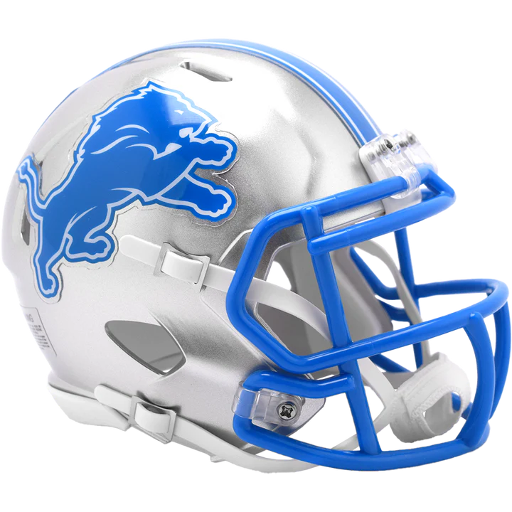 Detroit Lions 2024 Riddell Replica Mini Speed Helmet with padding, chinstrap, and metal faceguard.