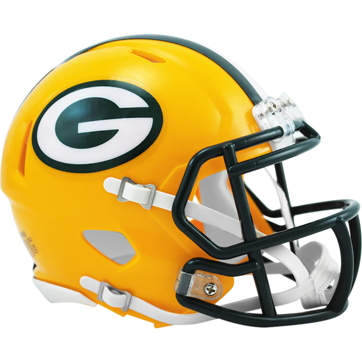 Green Bay Packers NFL Speed Mini Helmet by Riddell with metal faceguard and chinstrap, perfect for autographs