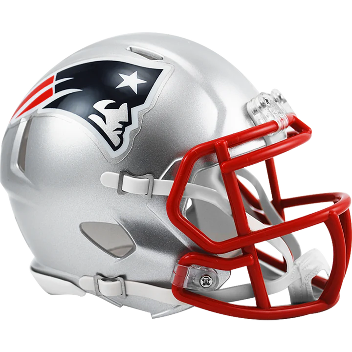 New England Patriots Riddell Speed Mini Helmet with chinstrap and padding, ideal collectible for autographs.