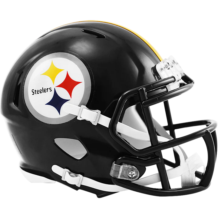 Pittsburgh Steelers NFL Speed Mini Helmet by Riddell with chinstrap, faceguard, foam padding, and official decals.