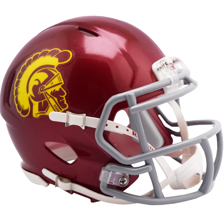 USC Trojans Riddell Speed Mini Helmet with official decals, padding, and chin strap collectible display piece.