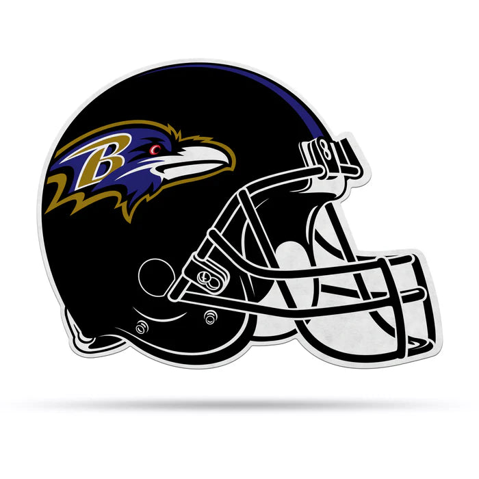 Baltimore Ravens helmet-shaped pennant, 13x15 inches, black colors, officially licensed NFL, made in USA.