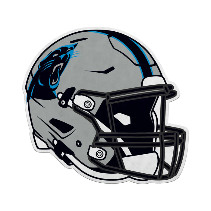 Carolina Panthers helmet-shaped pennant, 13x15 inches, officially licensed NFL, made in USA, silver colors.